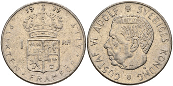 Швеция 1 крона 1972 U, Густав VI Адольф (1950-1973) KM 826a медь плакированный медно-никелем 4150-333