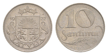 Латвия 10 сантимов 1922 год-тип KM 4 никель 4658-1231