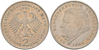 ФРГ 2 марки 1994 J, Франц Йозеф Штраус, 40 лет Федеративной Республике KM 175 медно-никель 4572-1022