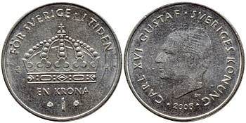 Швеция 1 крона 2005 Карл XVI Густав (1973- ) KM 894 медно-никель 93-414