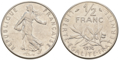 ФРАНЦИЯ 1/2 ФРАНКА 1974 СЕЯТЕЛЬ KM 931.1, LE FRANC 198.13 никель 187-124