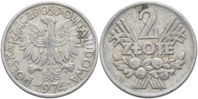 ПОЛЬША 2 ЗЛОТЫХ 1974 MW KM 46 алюминий 114-1211