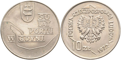 Польша 10 злотых 1972 MW, 50 лет морскому порту в Гдыне KM 65 медно-никель 4517-436
