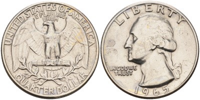 США 25 центов (квотер) 1965 Вашингтон KM 164а медь плакированная медно-никелем    4595-716