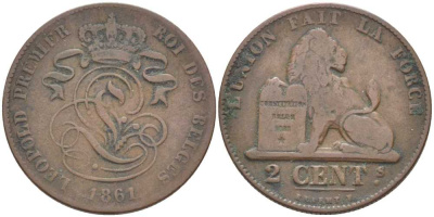 БЕЛЬГИЯ 2 САНТИМА 1861 BELGES, ЛЕОПОЛЬД I (1831-1865) KM 4.2 медь 119-315
