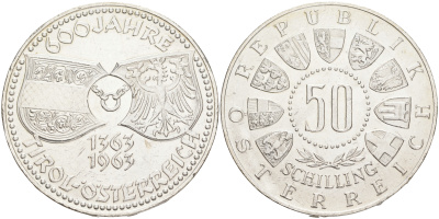 Австрия 50 шиллингов 1963 600 лет объединения с Тиролем KM 2894 серебро aUNC 4557-246