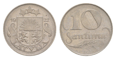 Латвия 10 сантимов 1922 год-тип KM 4 никель 4658-1231