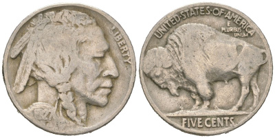 США 5 центов 1927 индеец, бизон KM 134 медно-никель 4614-1115