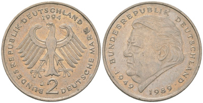 ФРГ 2 марки 1994 J, Франц Йозеф Штраус, 40 лет Федеративной Республике KM 175 медно-никель 4572-1022