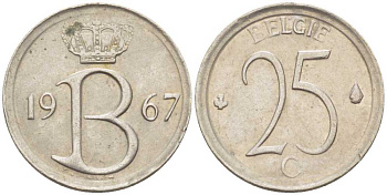 Бельгия 25 сантимов 1967 Belgie, Бодуэн I (1951-1993) KM 154.1 медно-никель 214-145