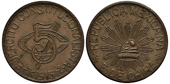 МЕКСИКА 5 СЕНТАВО 1915 ЧИУАУА (ЧИХУАХУА), АРМИЯ КОНСТИТУЦИОНАЛИСТОВ KM 613 медь VF+ 4391-454