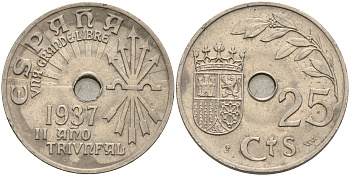Испания 25 сентимо 1937 год тип KM 753 медно-никель    4595-1115