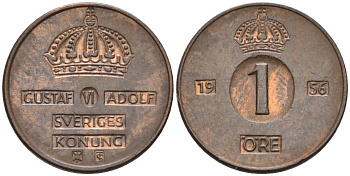 Швеция 1 эре 1956 Густав VI Адольф (1950-1973) KM 820 бронза 4580-1056