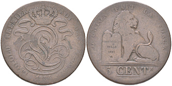 Бельгия 5 сантимов 1834 Belges, Леопольд I (1831-1865) KM 5 медь 4620-1012