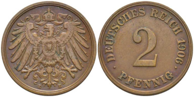 ГЕРМАНИЯ 2 ПФЕННИГА 1906 E KM 16, J. 11, Weege 4 медь 206-528