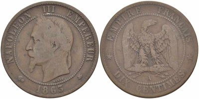 Франция 10 сантимов 1863 A, Наполеон III (1852-1870) KM 798.1, Le Franc 134.8 бронза 4389-536