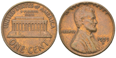 США 1 цент 1959 D, Авраам Линкольн KM 201 медь цинк 192-947