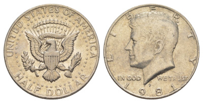 США 1/2 доллара (50 центов) 1981 P, Джон Кеннеди KM A202b медь плакированная медно-никелем aUNC 4517-533