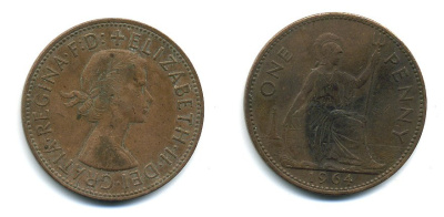 Великобритания 1 пенни 1964 Елизавета II (1952-2022) KM 897, Spink 4157 бронза 4110-343