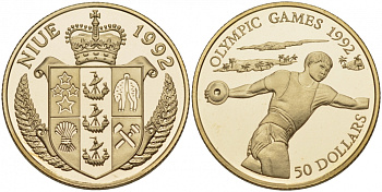 Ниуэ 50 долларов 1992 Олимпийские игры 1992 года, дискобол, тираж 6000 экз. KM 71 золото PROOF 00-808-13
