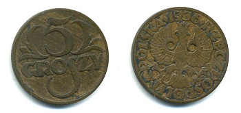 Польша 5 грошей 1936 w KM 10a, ParchImowicz 103h бронза 46-534