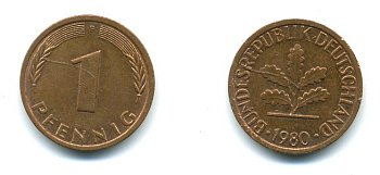 ФРГ 1 ПФЕННИГ 1980 F KM 105, J.380 сталь плакированная медью 54-1157