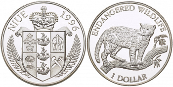 Ниуэ 1 доллар 1996 серия исчезающие виды животных, ягуар KM 113 серебро PROOF 1082-1-43