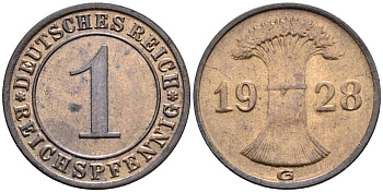 ГЕРМАНИЯ 1 РЕЙХСПФЕННИГ 1928 G KM 37, J. 313, Weege 2 бронза 4547-131