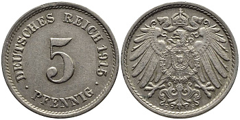 Германия 5 пфеннигов 1915 F KM 11, Jager 12, Weege 6 медно-никель 4547-548