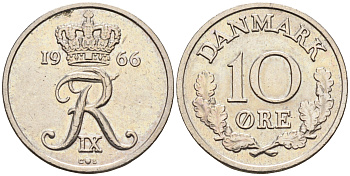 Дания 10 эре 1966 С; S, Фредерик IX (1947-1972) KM 849.1 медно-никель    4169-222
