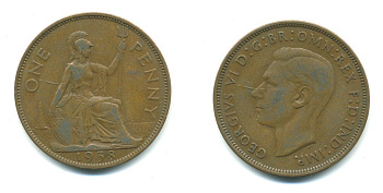 Великобритания 1 пенни 1938 Георг VI (1936-1952) KM 845, Spink 4114 бронза 540-634