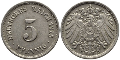 Германия 5 пфеннигов 1915 F KM 11, Jager 12, Weege 6 медно-никель 4547-548