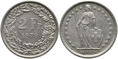 ШВЕЙЦАРИЯ 2 ФРАНКА 1979 KM 21а.1 медно-никель 4538-156