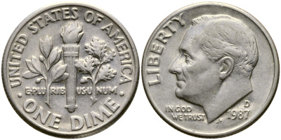 США 10 ЦЕНТОВ = 1 ДАЙМ 1987 D, РУЗВЕЛЬТ KM 195а медь плакированная медно-никелем 46-2433
