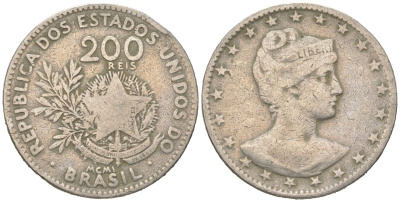 Бразилия 200 реалов 1901 MCMI, голова свободы вправо KM 504 медно-никель 4612-357