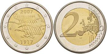 ФИНЛЯНДИЯ 2 ЕВРО 2007 90 ЛЕТ НЕЗАВИСИМОСТИ KM 135 биметалл UNC 26-352
