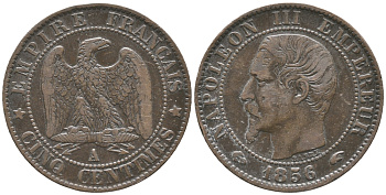 ФРАНЦИЯ 5 САНТИМОВ 1856 А, НАПОЛЕОН III (1852-1870) KM 777.1, LA FRANC 116.30 бронза 34-437