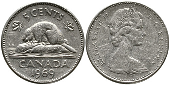 КАНАДА 5 ЦЕНТОВ 1969 ЕЛИЗАВЕТА II (1952-), БОБР, ВТОРОЙ ПОРТРЕТ В КОРОНЕ KM 60.1 никель 4543-643