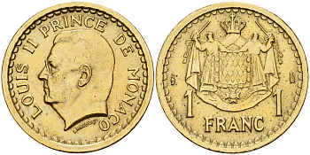 Монако 1 франк 1945 Луи II (1922-1949) KM 120 a алюминиевая бронза 4601-935