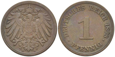 ГЕРМАНИЯ 1 ПФЕННИГ 1898 A KM 10, J. 10, Weege 2 медь 211-225