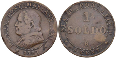ВАТИКАН 1 СОЛЬДО = 5 ЧЕНТЕЗИМО 1867 R, ГОД XXI, ПАПА ПИЙ IX (1846-1878), БОЛЬШАЯ ГОЛОВА, БОЛЬШИЕ ЦИФРЫ ДАТЫ KM 1372.1 (С182а) медь 1521-1325