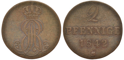 Ганновер 2 пфеннига 1842 S, Эрнст Август (1837-1851) KM 174.2, AKS 123, J. 55 медь 75-1734