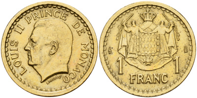 Монако 1 франк 1945 Луи II (1922-1949) KM 120 a алюминиевая бронза 4601-935