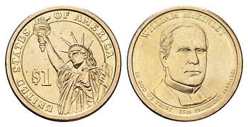 США 1 доллар 2013 P, Президент США - Уильям Мак-Кинли (1897–1901) KM 547 медь с марганцево-латунным покрытием UNC 4700-1035