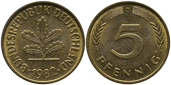 ФРГ 5 ПФЕННИГОВ 1982 D KM 107, J. 382 сталь плакированная латунью 33-216
