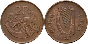 Ирландия 2 пенсов 1985 Виньетка в виде стилизованной птицы из второй библии Карла II Лысого KM 21 бронза 4140-246