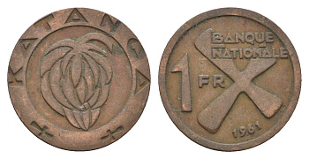Катанга 1 франк 1961 Заир, балубский крест, связка бананов KM 1 бронза 36-427
