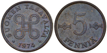 Финляндия 5 пенни 1974 KM 45 медь 4602-262