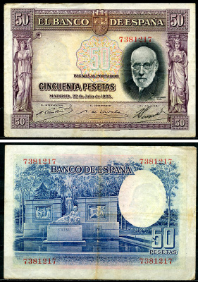 Испания 50 песет 1935 сиреневая, Сантьяго Рамон-и-Кахаль, памятник Pick 88  бумага  6294-59-2-2