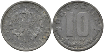 Австрия 10 грошей 1949 KM 2874 цинк 4126-341